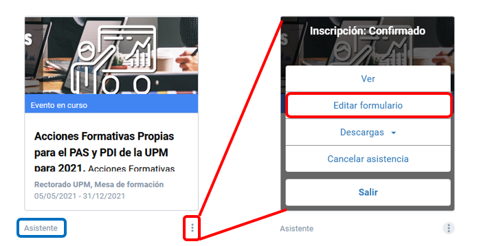 Captura de pantalla del visor como asistente de un evento con el menú de opciones. Pulsar en la opción Editar formulario.