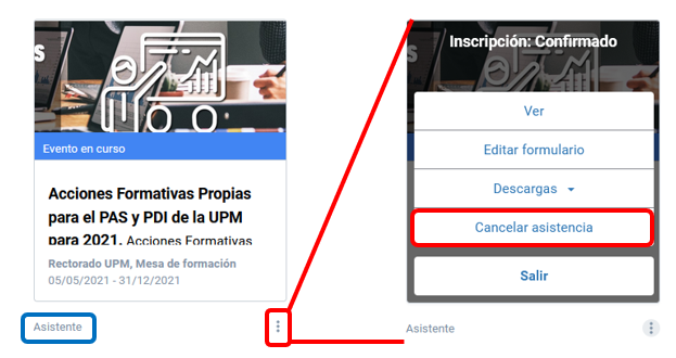 Captura de pantalla del visor como asistente de un evento con el menú de opciones. Pulsar en la opción Cancelar asistencia.