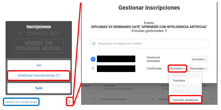 Captura de pantalla del visor como asistente de un evento con el menú de opciones.  Pulsar en la opción Acciones y luego cancelar asistencia..