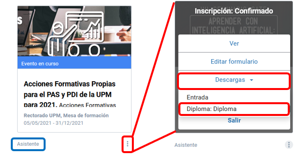 Captura de pantalla del visor como asistente de un evento con el menú de opciones. Pulsar en la opción Descargas y luego diploma.