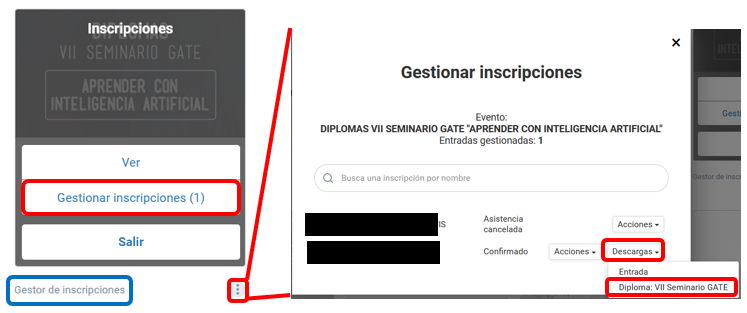 Captura de pantalla del visor como asistente de un evento con el menú de opciones.  Pulsar en la opción Descargas y luego diploma.
