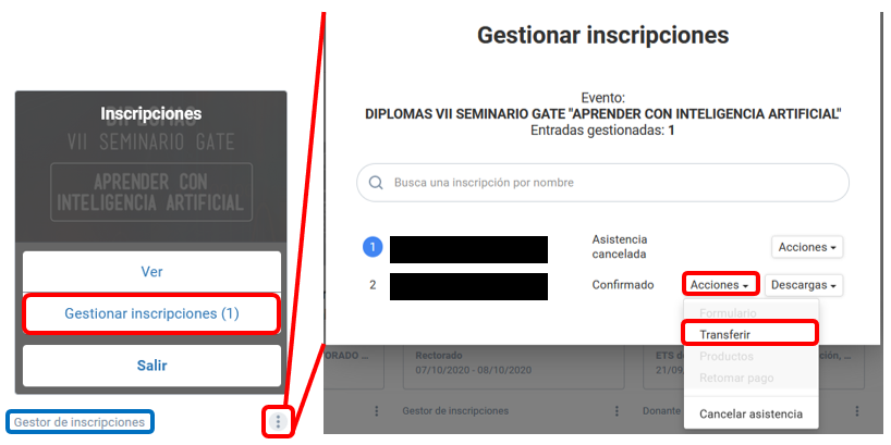 Captura de pantalla del visor como asistente de un evento con el menú de opciones. Pulsar en la opción Acciones y luego Transferir.