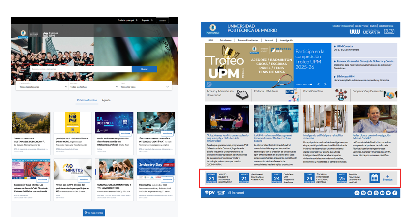 Captura de pantalla de la web de eventos y del carrusel de eventos de la web de la UPM