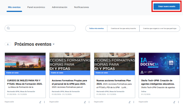 Captura de pantalla del gestor de eventos.