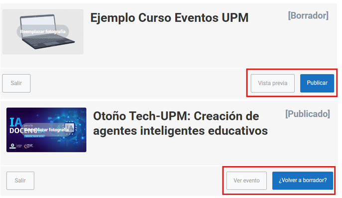 2 Capturas de pantalla mostrando los botones Vista previa o Ver evento y Publicar o ¿volver a borrador?