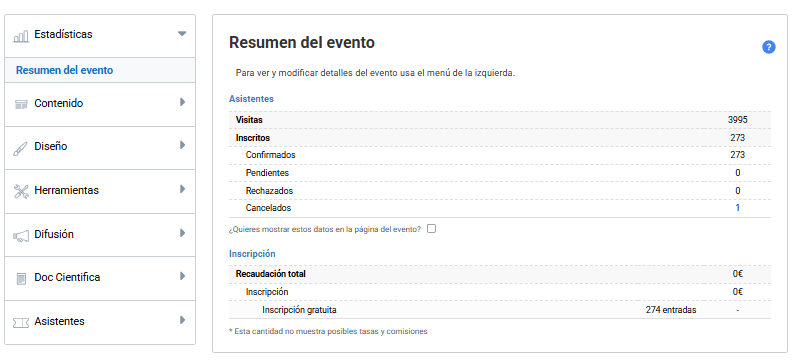 Captura de pantalla del Resumen del evento. Se visualiza por ejemplo el número de visitas, los inscritos o la recaudación total entre otros.