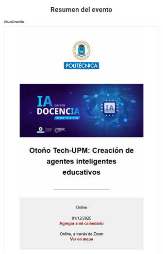 Captura de pantalla del resumen del evento creado con la opción Evento email.