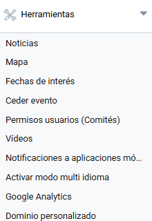 Captura de pantalla del apartado Herramientas de la configuración de un evento