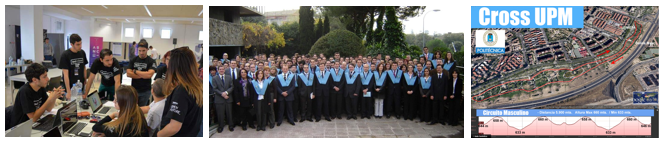 3 Fotografías. De izquierda a derecha: Workshop, Entrega de diplomas, Competiciión deportiva UPM.