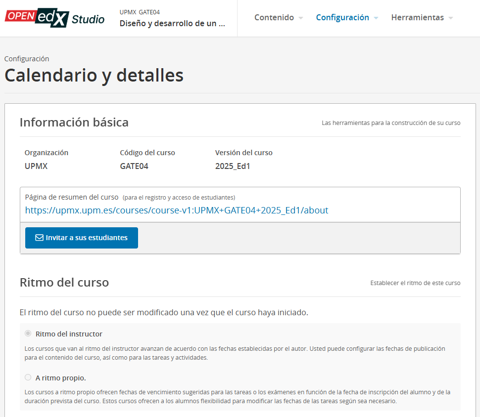 Configuración de curso en Open edX Studio mostrando información básica, enlace al resumen del curso y opciones de ritmo del curso.