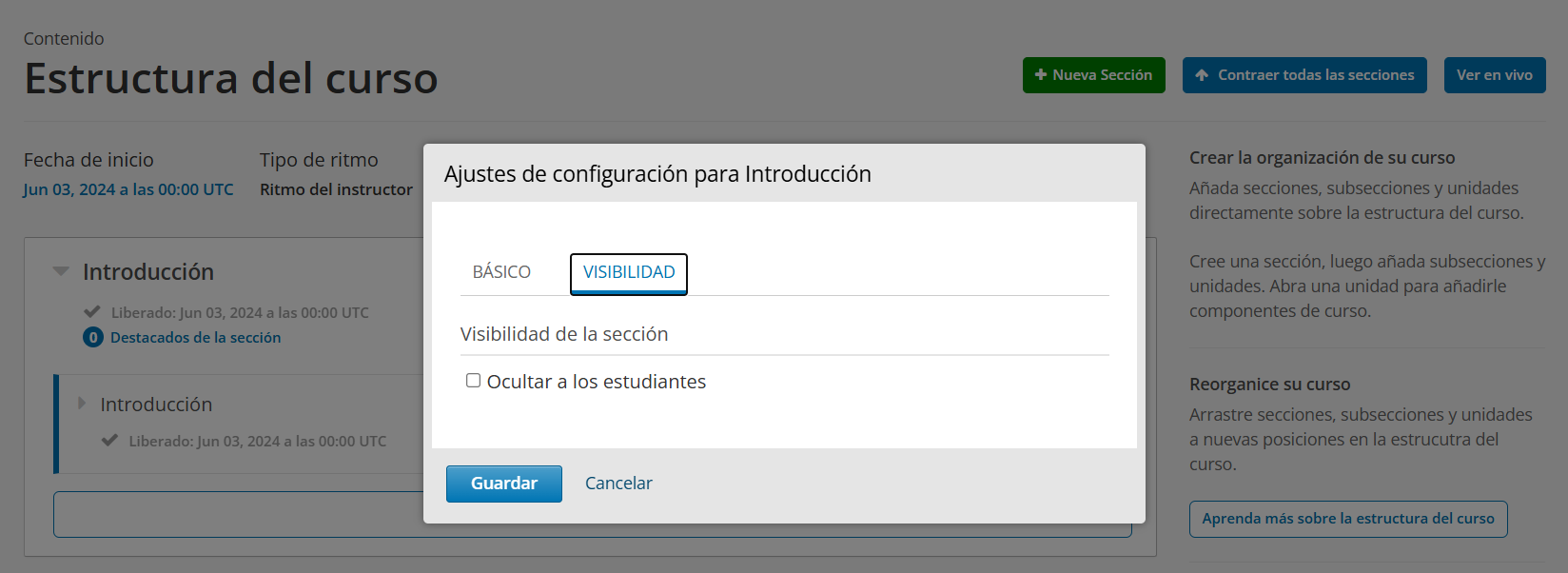 Ajustes de visibilidad de una sección con opción para ocultarla a los estudiantes. Botones para guardar o cancelar cambios.