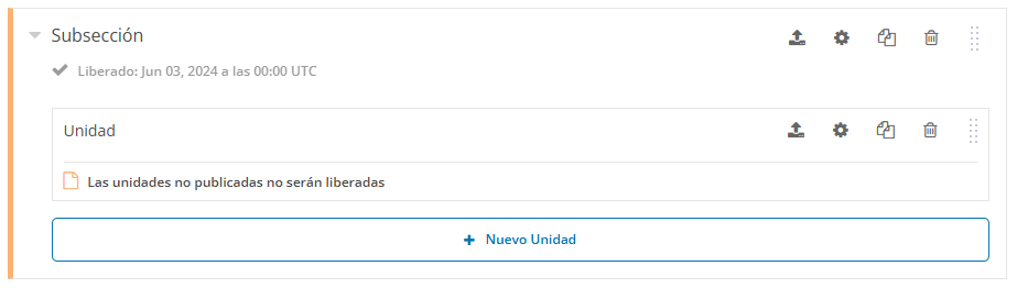 Subsección con unidad no publicada. Opción para añadir una nueva unidad.