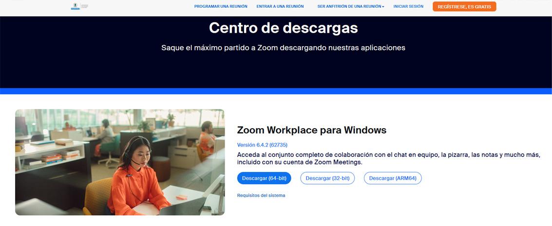 Captura de pantalla del centro de descargas. En la parte inferior izquierda de indica donde descargar la útima versión disponible del Cliente de escritorio de Zoom.