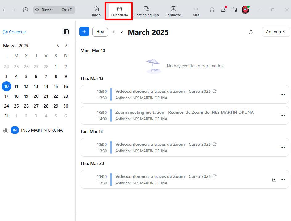 Captura de pantalla de la aplicación de escritorio zoom, apartado Calendario