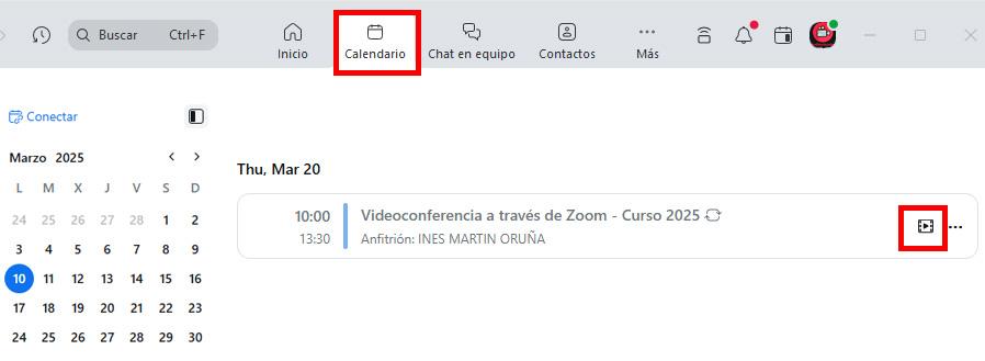 Captura de pantalla de la aplicación de escritorio zoom, apartado Calendario