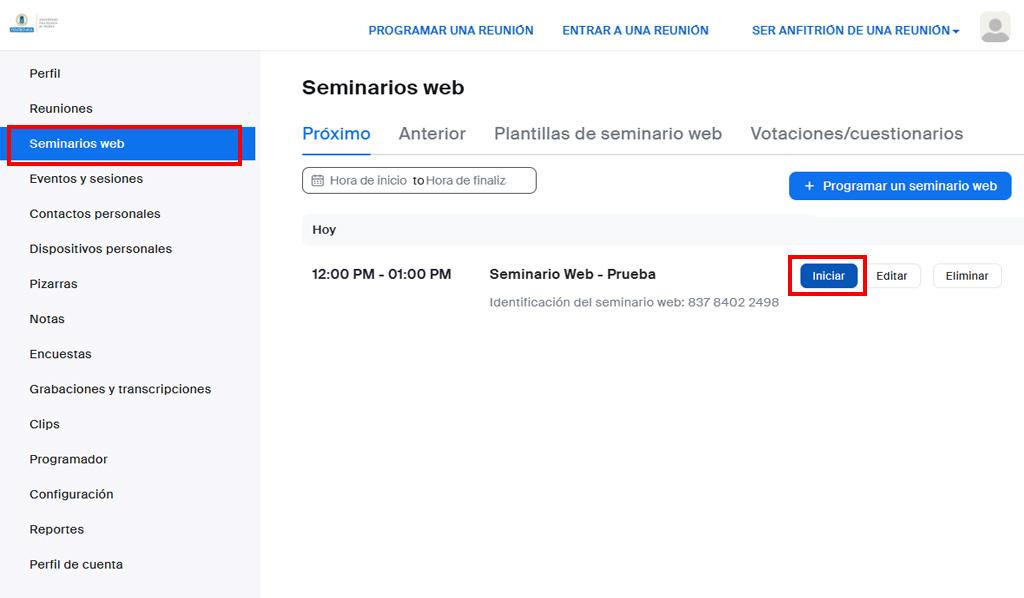 Panel de control de Zoom Web, apartado Seminario Web, con un seminario web programado