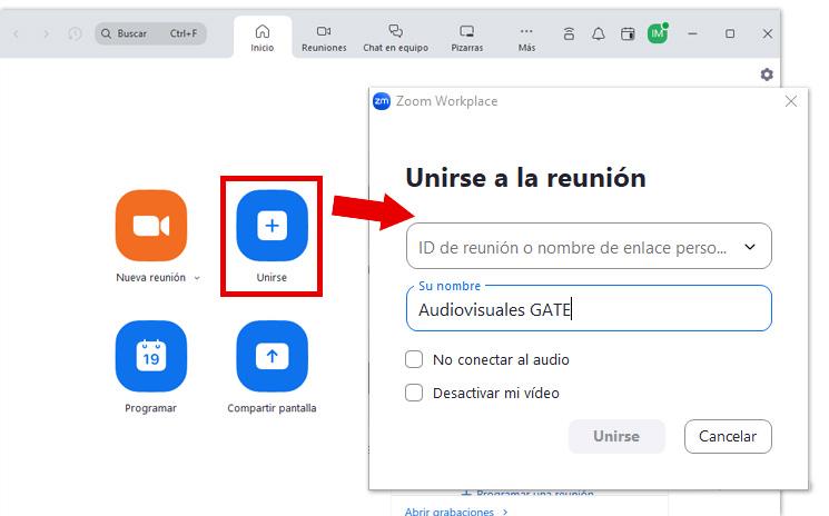 Inicio aplicación Zoom Workplace