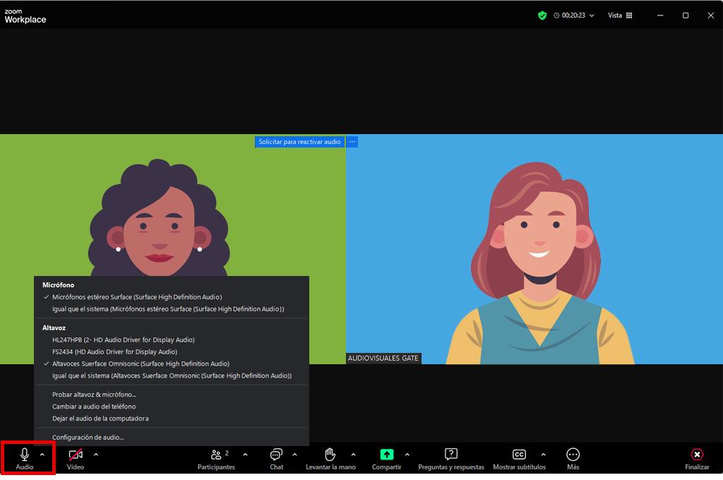 Interfaz reunión webinar, marcada la opción micrófono
