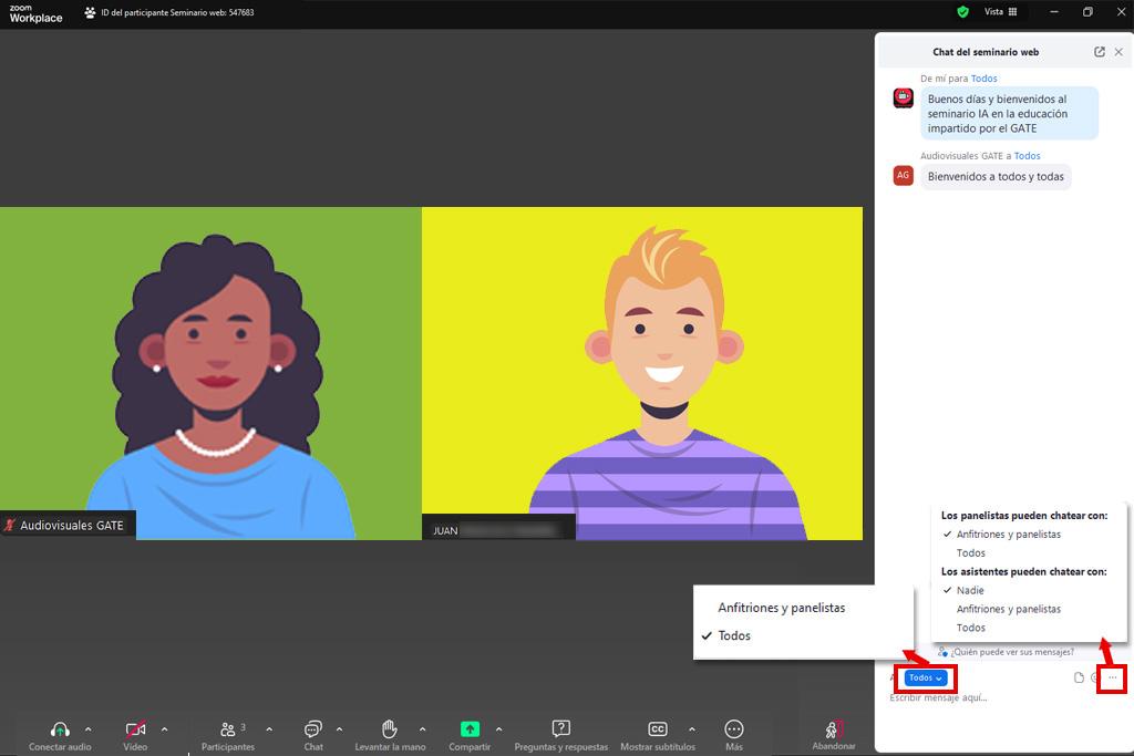 Interfaz de zoom vista panelista, opciones del chat