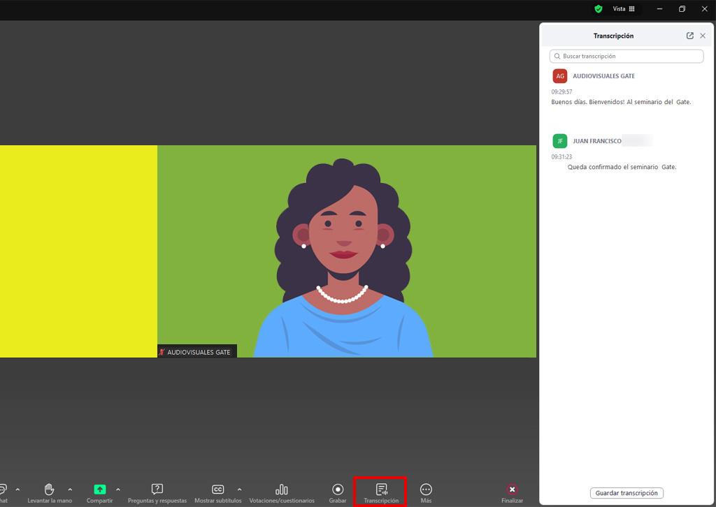 interfaz de zoom vista panelista, apartado transcripción
