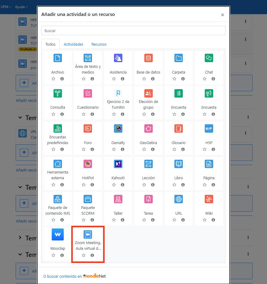 Captura de pantalla listado de actividades que ofrece Moodle