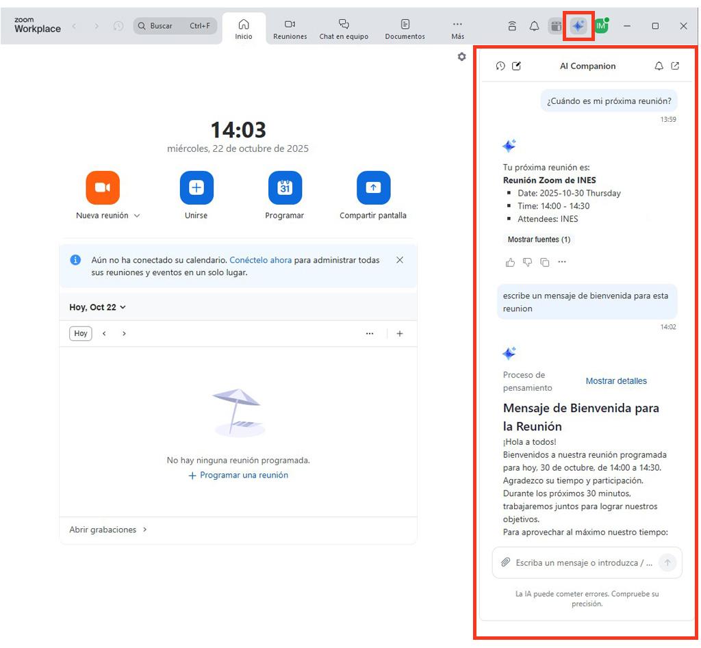Captura de pantalla de Zoom Workplace, apartado AI Companion