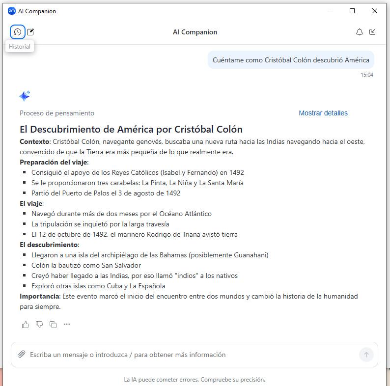 Ejemplo:Pregunta a AI Companion sobre el descubrimiento de América