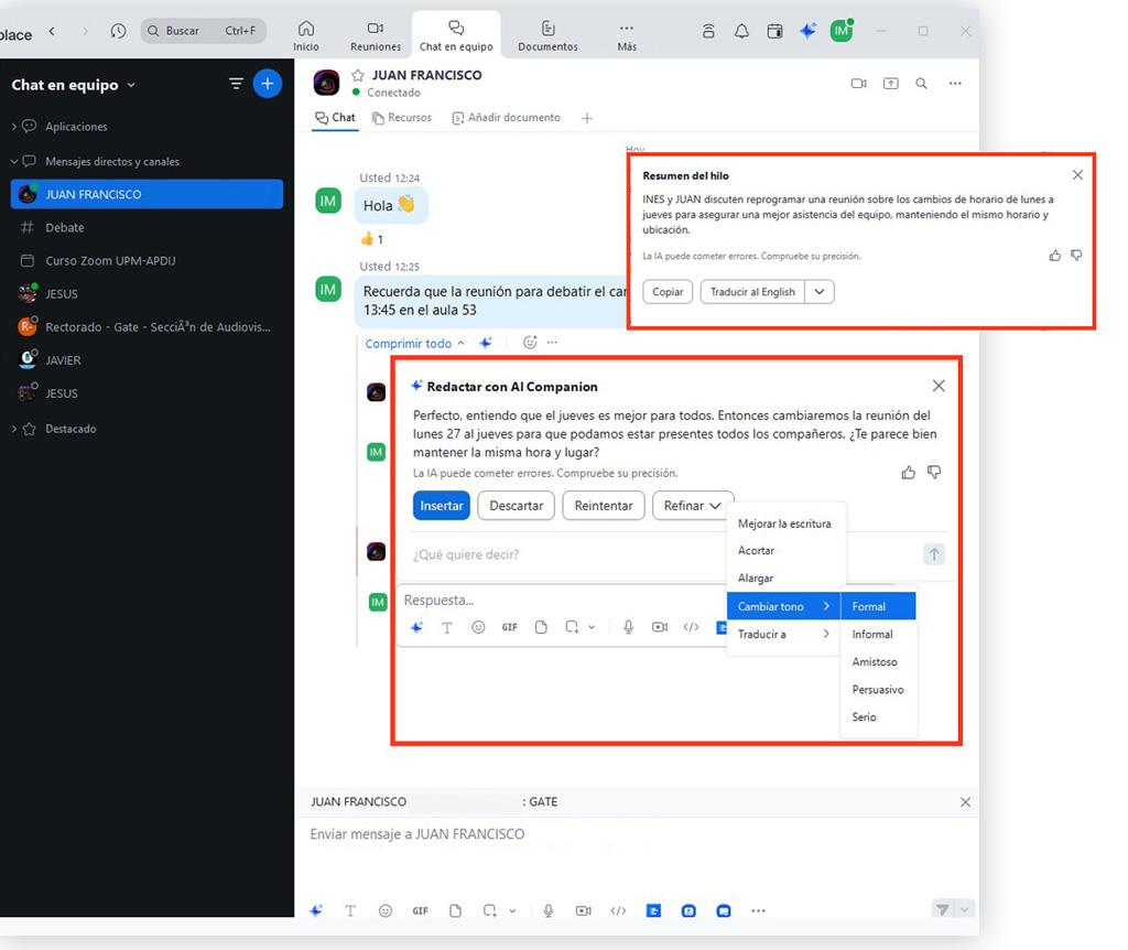 Ejemplo AI companion en Team chat: Muestra el resumen de la conversación y la opción de redactar