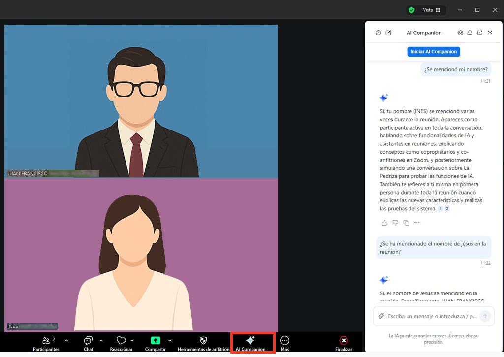 Interfaz de zoom meetings, aparece la ventana de AI Companion respondiendo una pregunta sobre la reunión