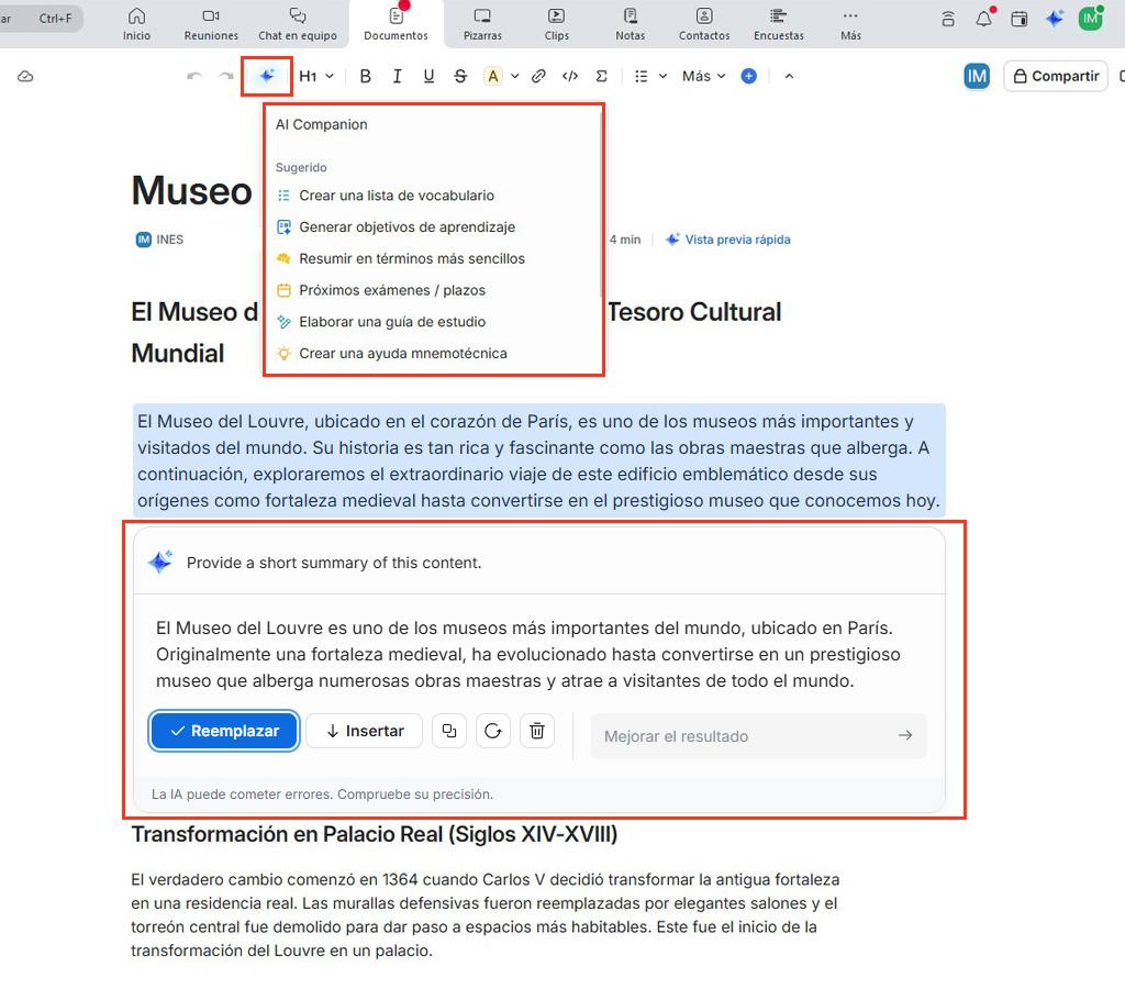 Captura de pantalla de las opciones de IA en Documentos de Zoom